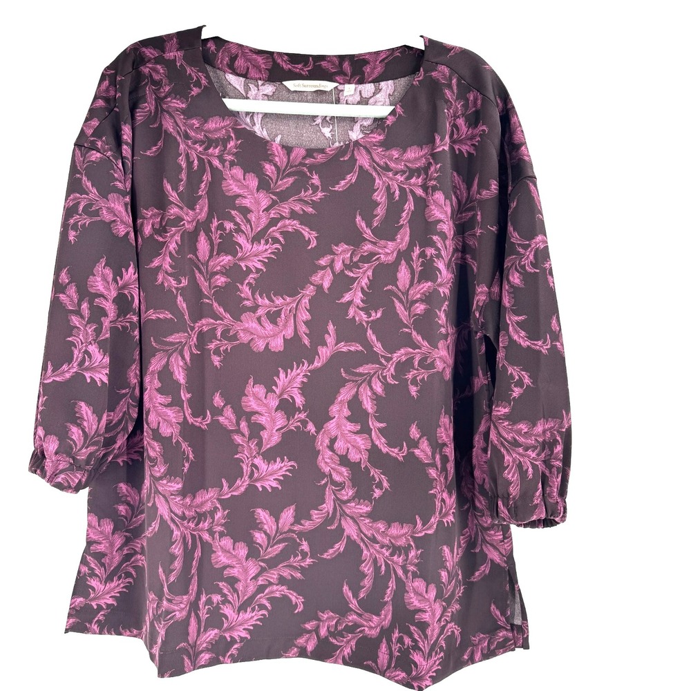 SOFT SURROUNDINGS SELINA Top Women's Large Floral 3/4 Sleeve Purple Wine NEW